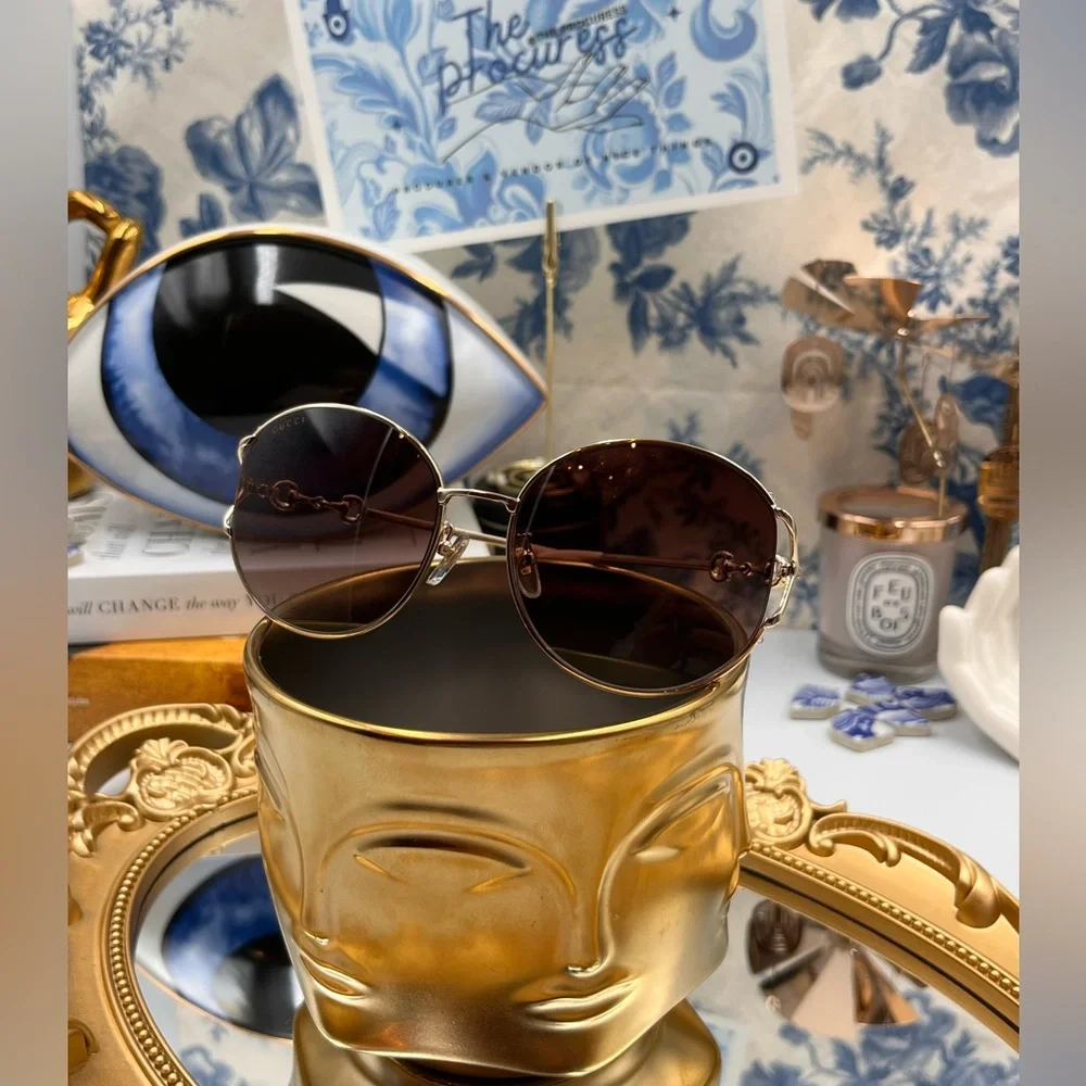 🆕 GUCCI 🧿 NWOT GG1017 Light Gold Metal Rimmed Round Sunglasses Brown Gradient - Picture 13 of 16